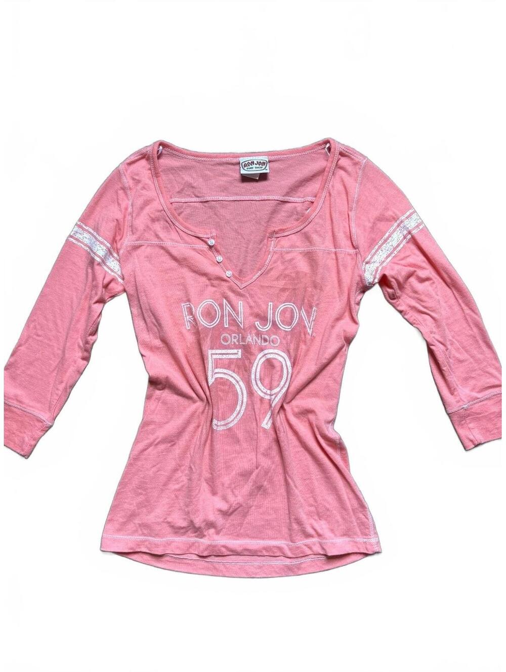 Y2K Ron Jon Surf Shop Orlando Pink Long Sleeve Graphic Henley Tee